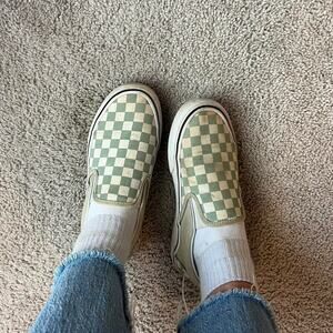 Sage green checkerboard vans slip ons